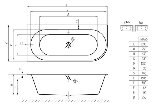 Aura slim 170x75 cm kád méretrajz