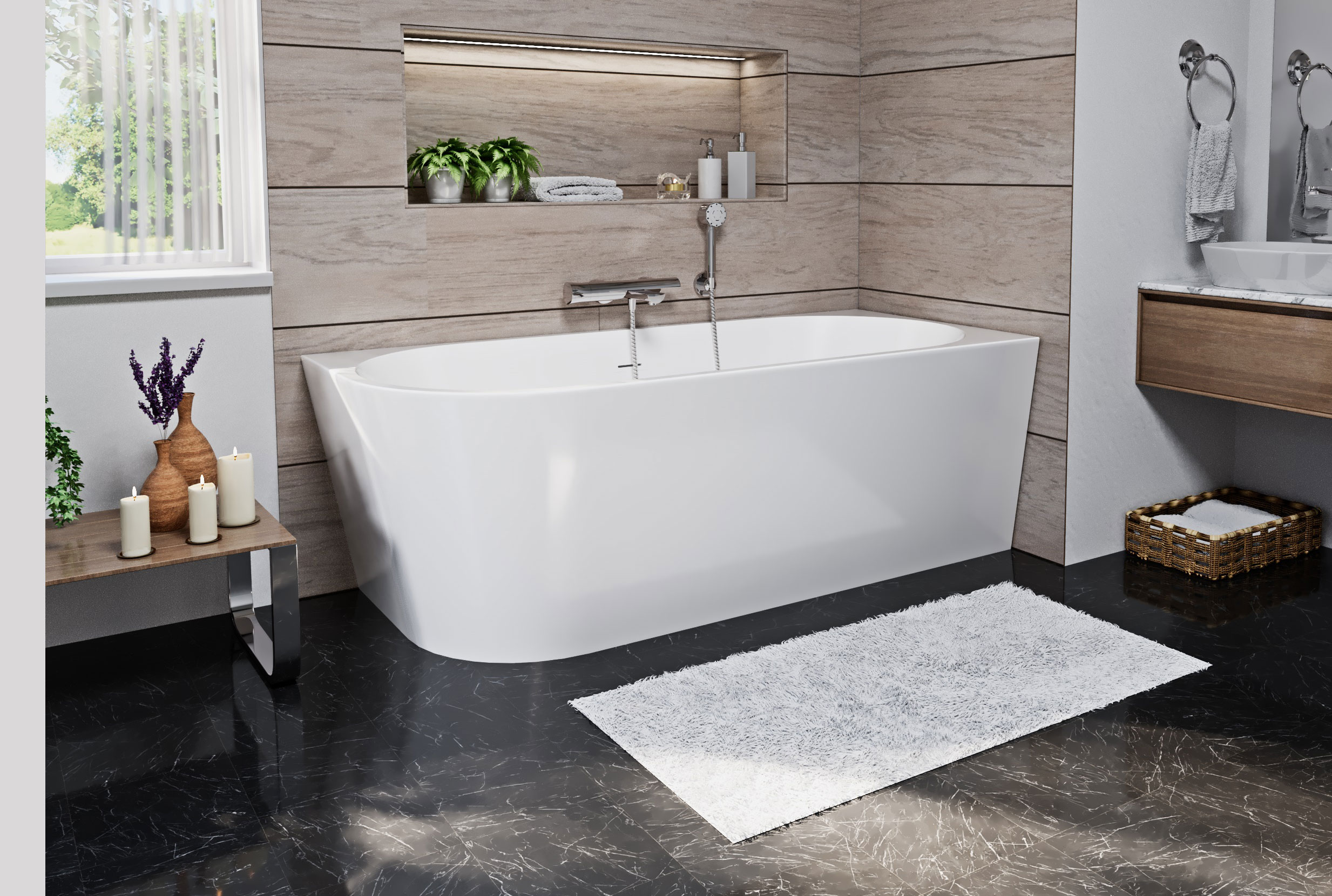 Aviora jobbos sarokba helyezhető szabadonálló kád vizualizáció